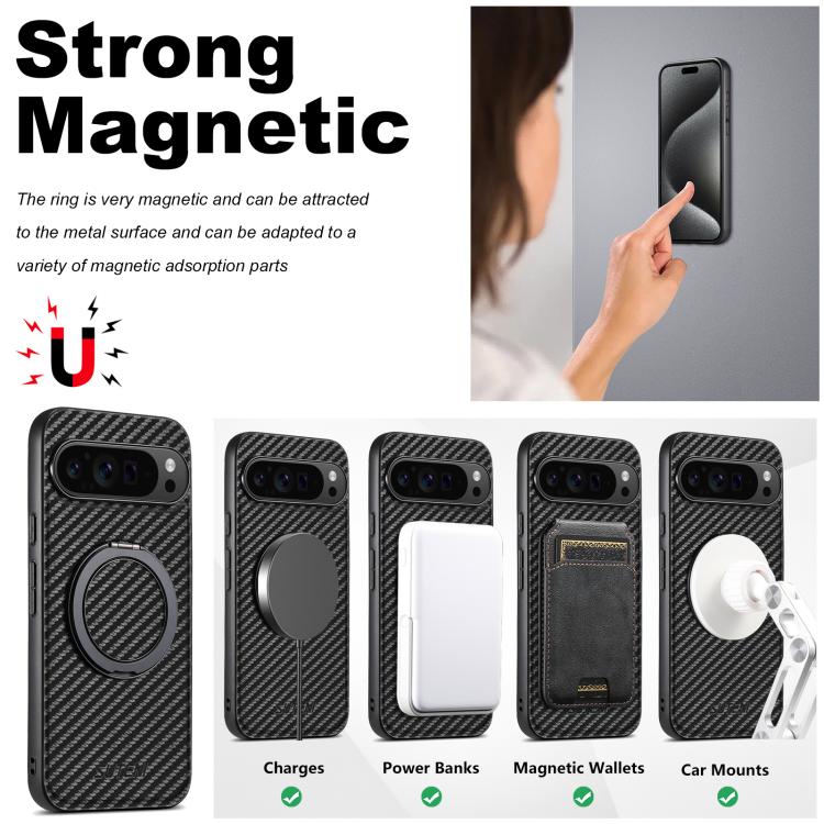 For Google Pixel 9 Pro XL Suteni G3 Carbon Fiber Leather 360 Rotation Holder MagSafe Phone Case - Black