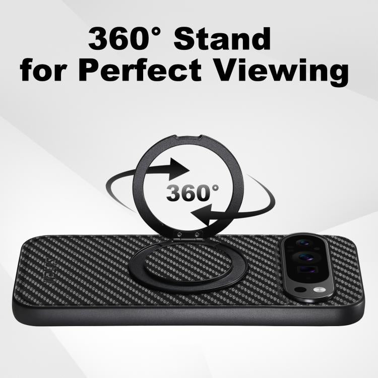 For Google Pixel 7 Pro Suteni G3 Carbon Fiber Leather 360 Rotation Holder MagSafe Phone Case - Black