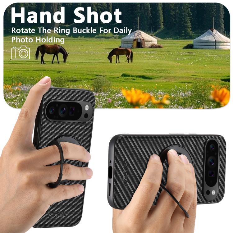 For Google Pixel 6 Suteni G3 Carbon Fiber Leather 360 Rotation Holder MagSafe Phone Case - Black