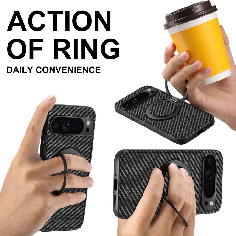 For Google Pixel 10 Pro XL Suteni G3 Carbon Fiber Leather 360 Rotation Holder MagSafe Phone Case - Black