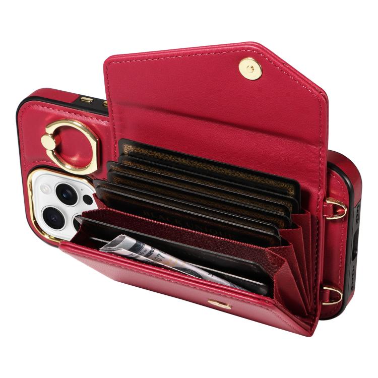 For iPhone 16 Pro Diagonal Crossbody Ring Organ Wallet Leather Back Phone Case