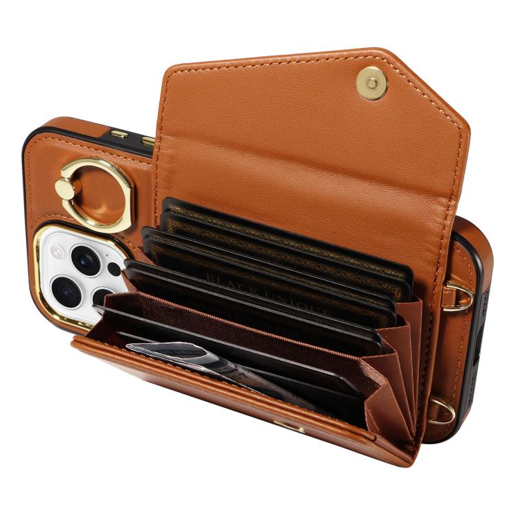 For iPhone 16 Pro Diagonal Crossbody Ring Organ Wallet Leather Back Phone Case