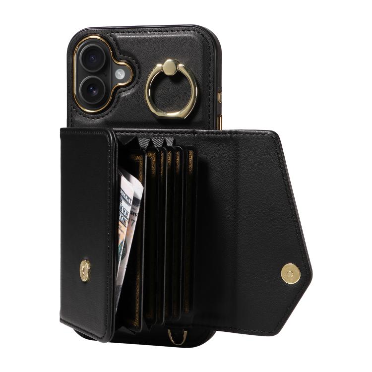 For iPhone 16 Plus Diagonal Crossbody Ring Organ Wallet Leather Back Phone Case