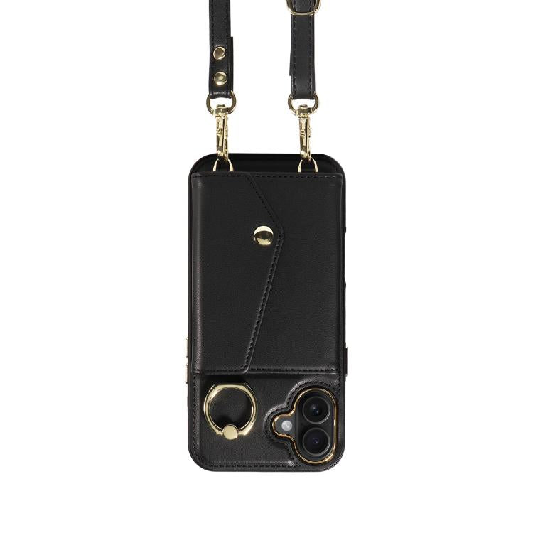 For iPhone 16 Plus Diagonal Crossbody Ring Organ Wallet Leather Back Phone Case
