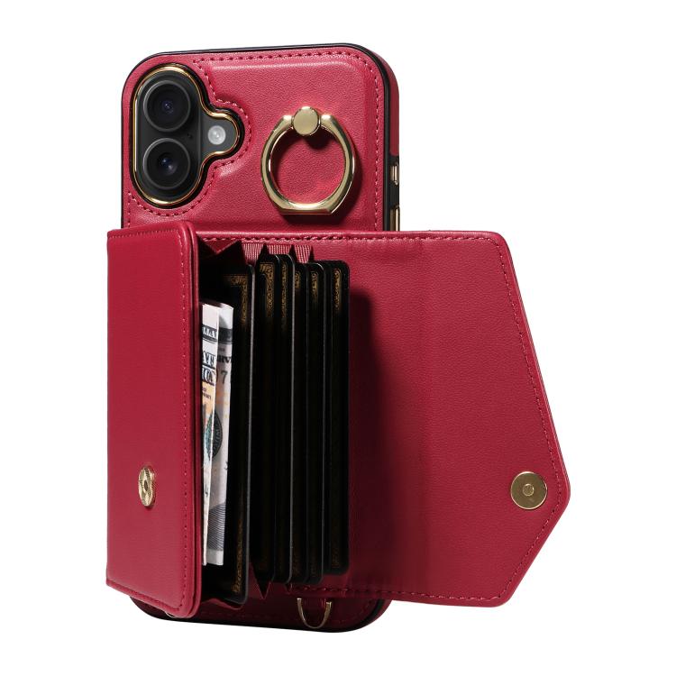For iPhone 16 Plus Diagonal Crossbody Ring Organ Wallet Leather Back Phone Case
