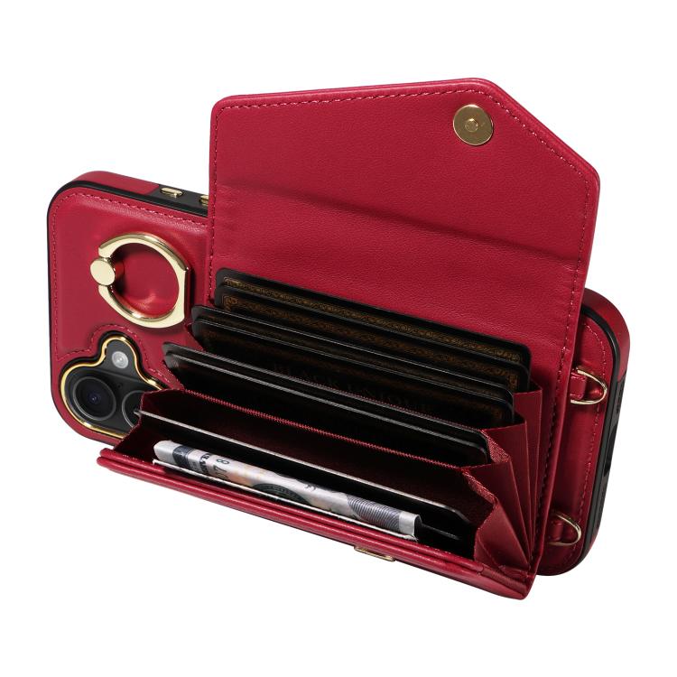 For iPhone 16 Plus Diagonal Crossbody Ring Organ Wallet Leather Back Phone Case