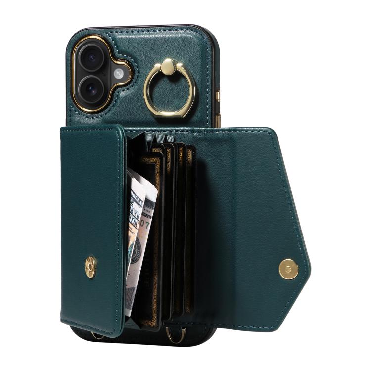 For iPhone 16 Plus Diagonal Crossbody Ring Organ Wallet Leather Back Phone Case