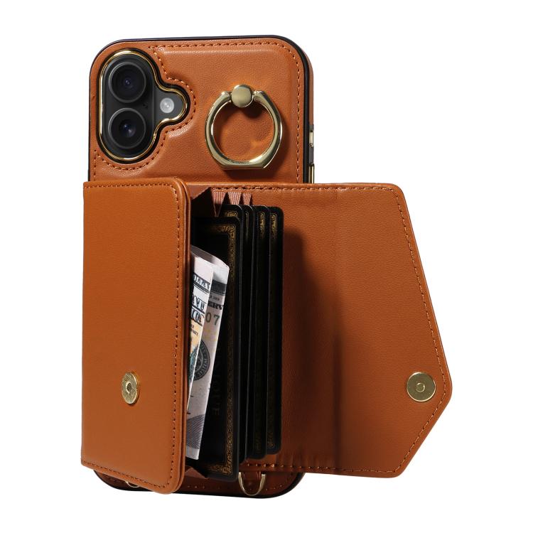 For iPhone 16 Plus Diagonal Crossbody Ring Organ Wallet Leather Back Phone Case