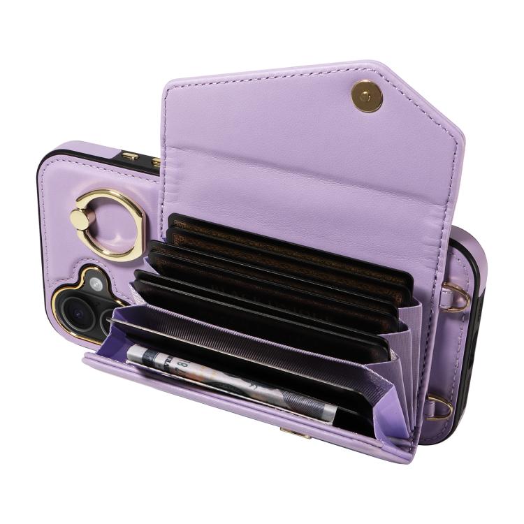 For iPhone 16 Plus Diagonal Crossbody Ring Organ Wallet Leather Back Phone Case