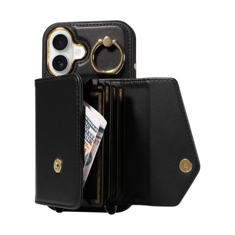For iPhone 16 Diagonal Crossbody Ring Organ Wallet Leather Back Phone Case