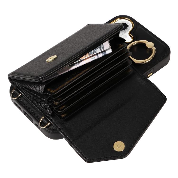 For iPhone 16 Diagonal Crossbody Ring Organ Wallet Leather Back Phone Case