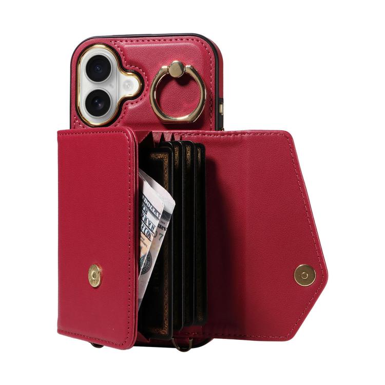 For iPhone 16 Diagonal Crossbody Ring Organ Wallet Leather Back Phone Case