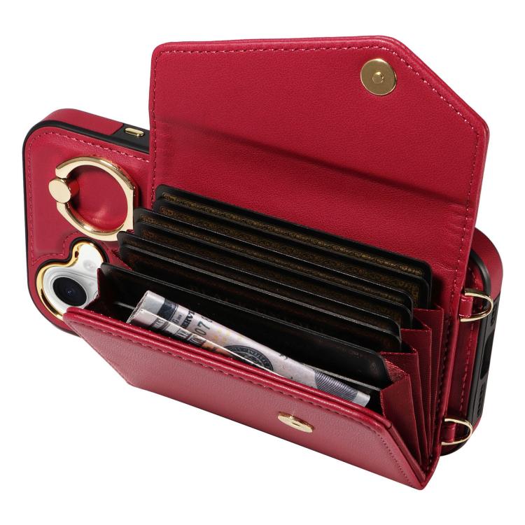 For iPhone 16 Diagonal Crossbody Ring Organ Wallet Leather Back Phone Case