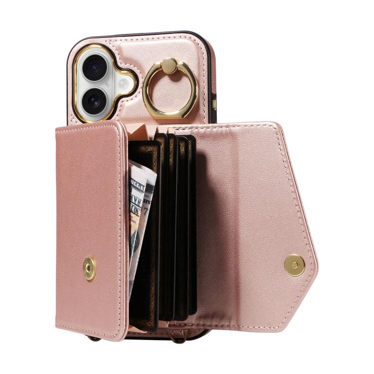 For iPhone 16 Diagonal Crossbody Ring Organ Wallet Leather Back Phone Case