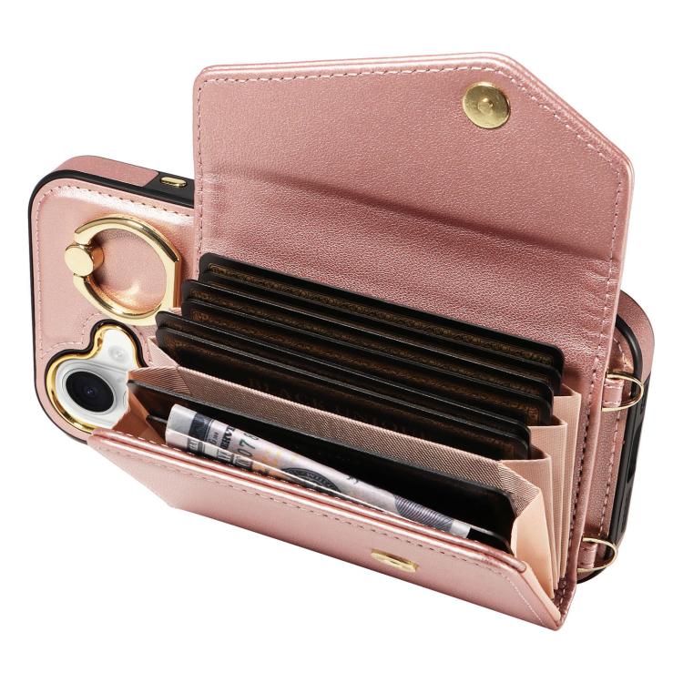 For iPhone 16 Diagonal Crossbody Ring Organ Wallet Leather Back Phone Case