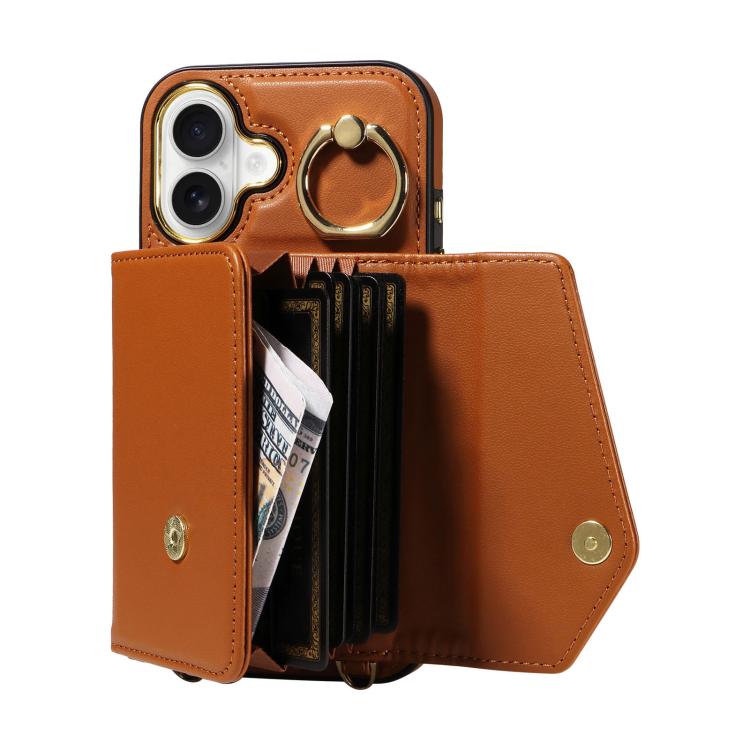 For iPhone 16 Diagonal Crossbody Ring Organ Wallet Leather Back Phone Case