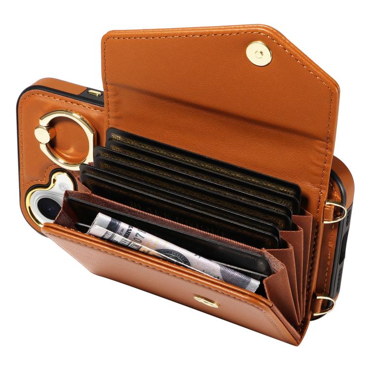 For iPhone 16 Diagonal Crossbody Ring Organ Wallet Leather Back Phone Case