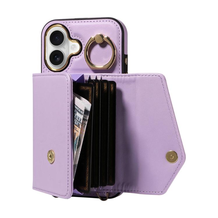 For iPhone 16 Diagonal Crossbody Ring Organ Wallet Leather Back Phone Case