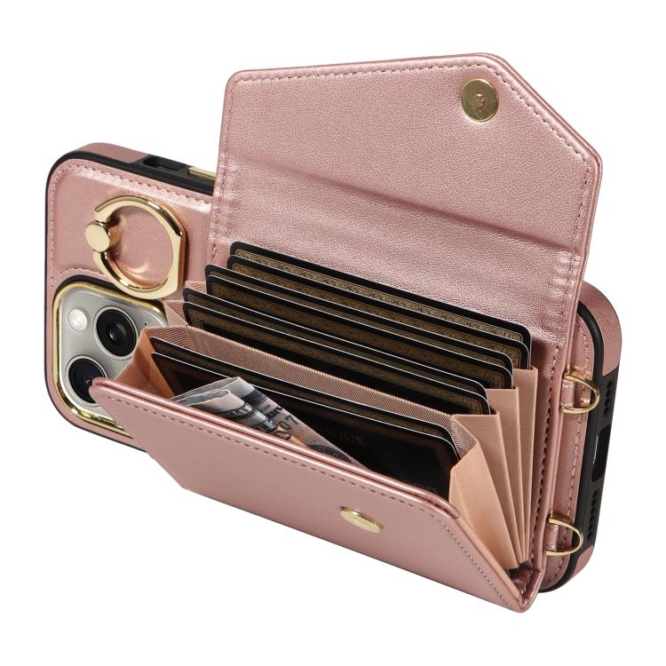 For iPhone 15 Pro Diagonal Crossbody Ring Organ Wallet Leather Back Phone Case