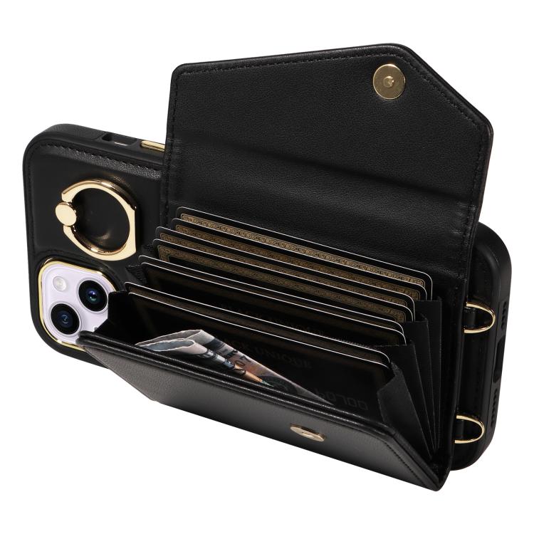 For iPhone 15 Diagonal Crossbody Ring Organ Wallet Leather Back Phone Case