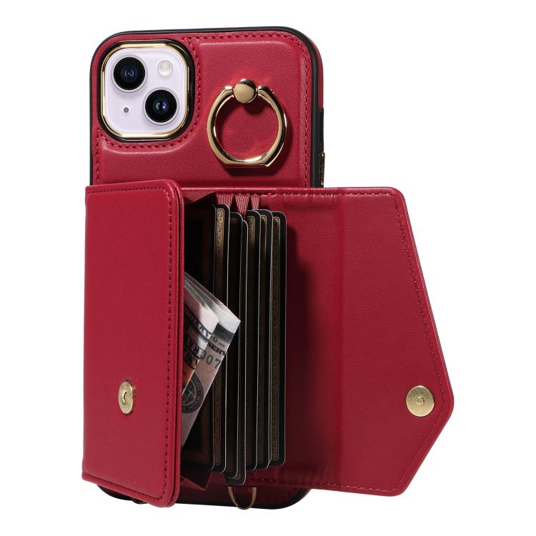 For iPhone 15 Diagonal Crossbody Ring Organ Wallet Leather Back Phone Case