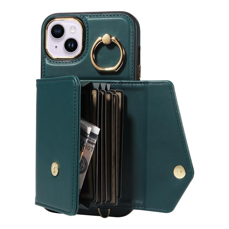 For iPhone 15 Diagonal Crossbody Ring Organ Wallet Leather Back Phone Case
