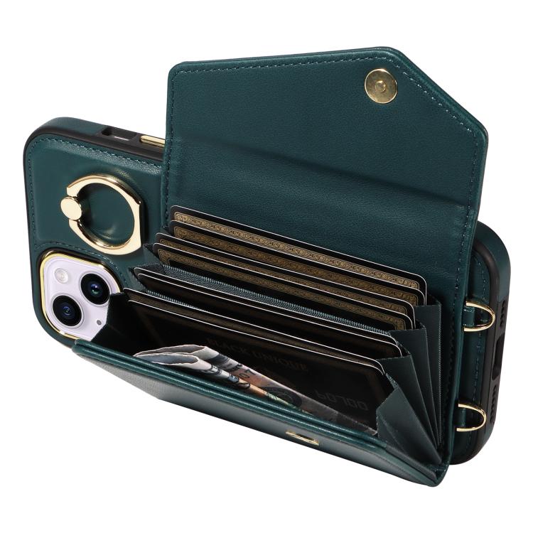 For iPhone 15 Diagonal Crossbody Ring Organ Wallet Leather Back Phone Case