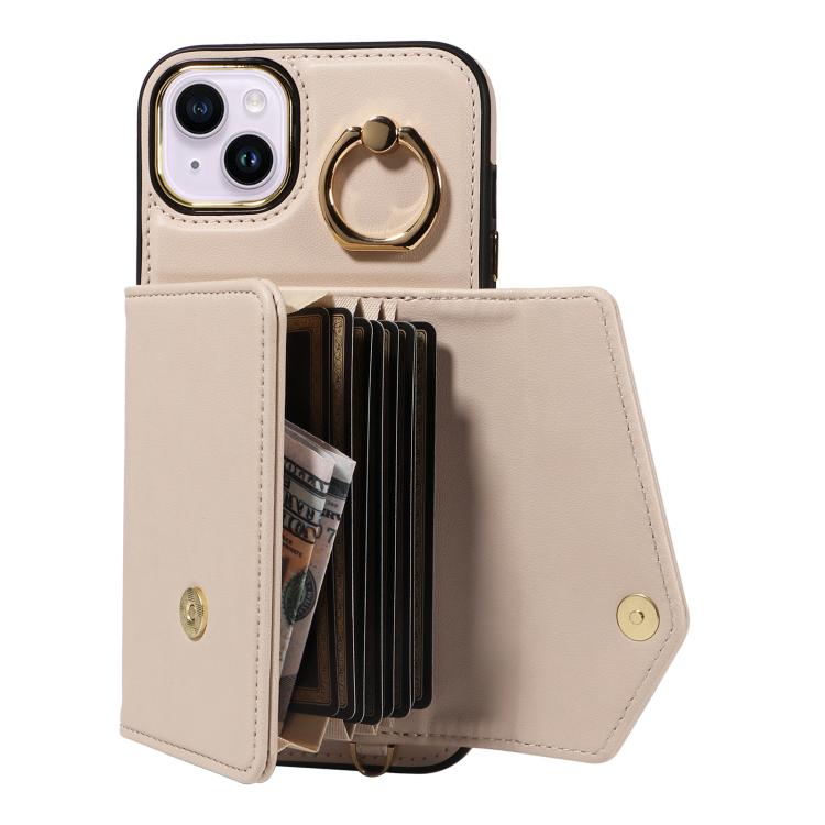For iPhone 15 Diagonal Crossbody Ring Organ Wallet Leather Back Phone Case