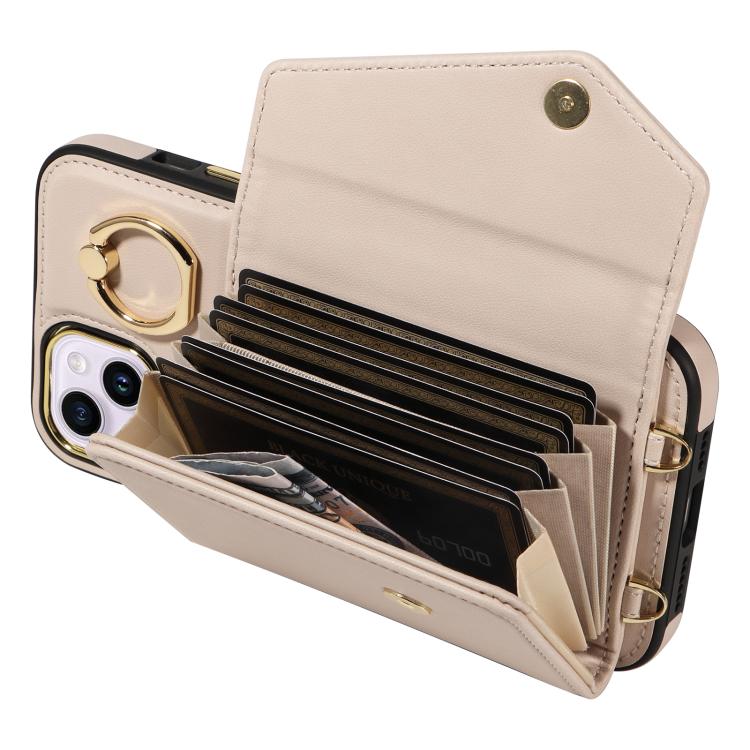 For iPhone 15 Diagonal Crossbody Ring Organ Wallet Leather Back Phone Case