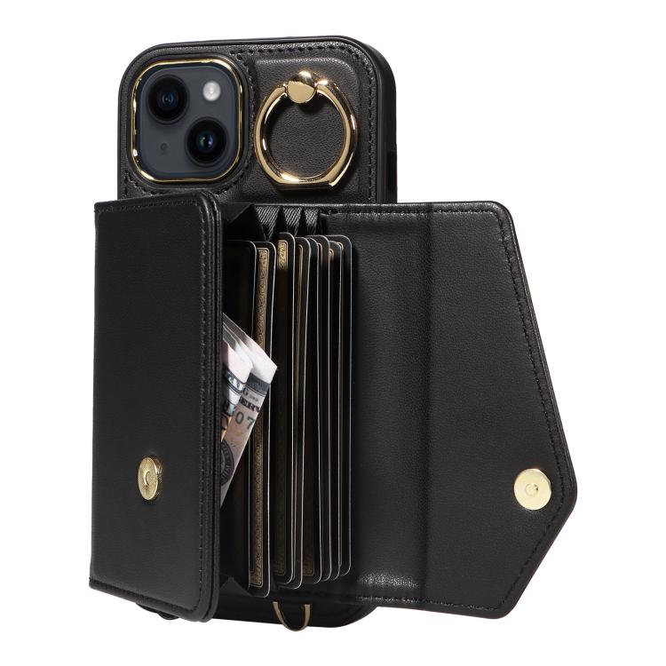 For iPhone 14 Diagonal Crossbody Ring Organ Wallet Leather Back Phone Case