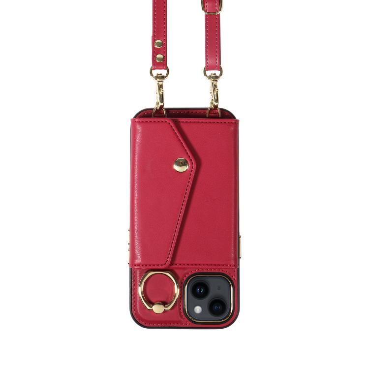 For iPhone 14 Diagonal Crossbody Ring Organ Wallet Leather Back Phone Case