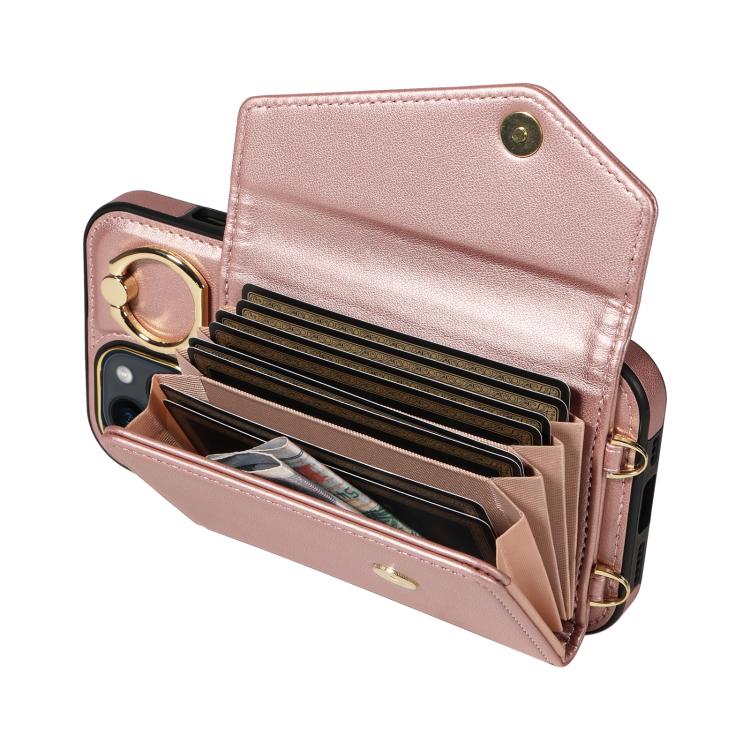 For iPhone 14 Diagonal Crossbody Ring Organ Wallet Leather Back Phone Case