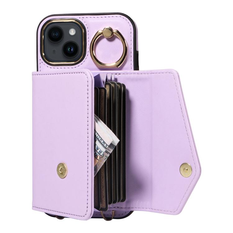 For iPhone 14 Diagonal Crossbody Ring Organ Wallet Leather Back Phone Case