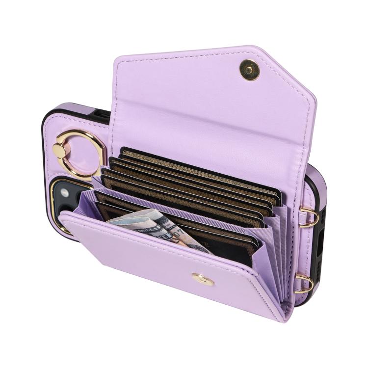 For iPhone 14 Diagonal Crossbody Ring Organ Wallet Leather Back Phone Case