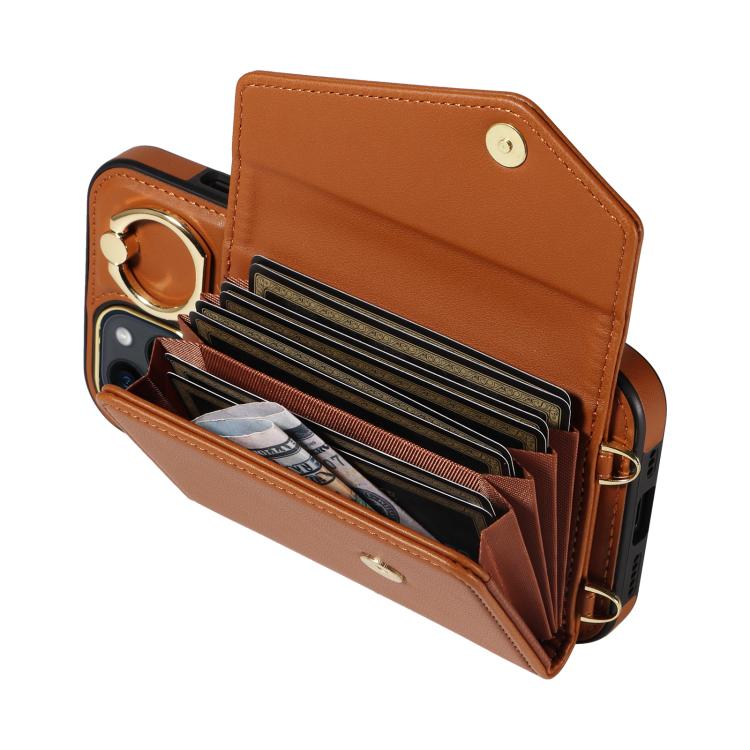 For iPhone 13 Diagonal Crossbody Ring Organ Wallet Leather Back Phone Case