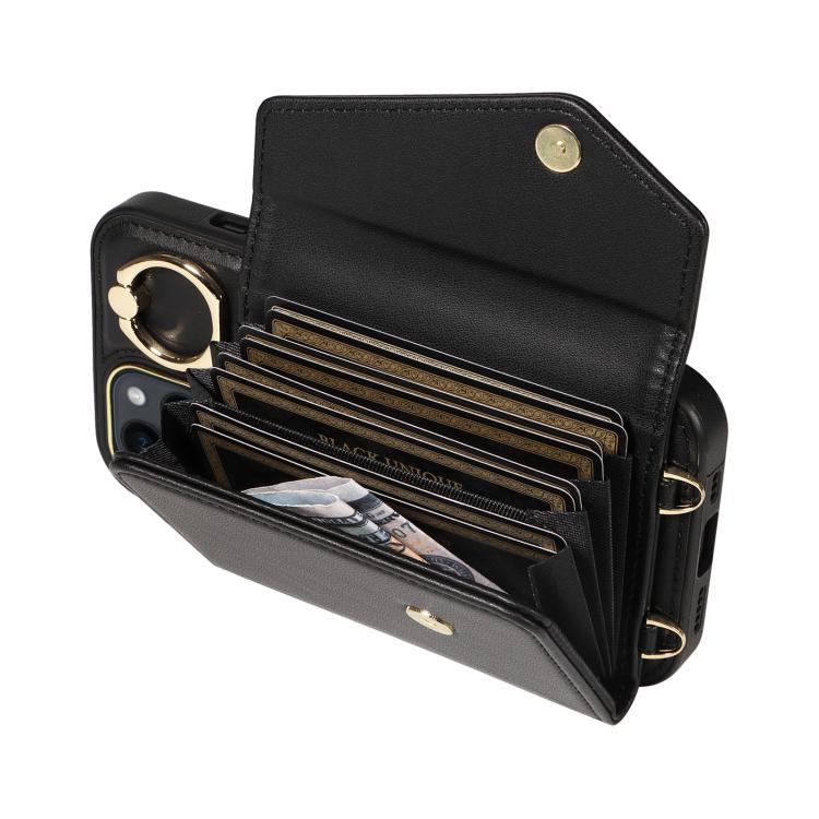 For iPhone 12 Diagonal Crossbody Ring Organ Wallet Leather Back Phone Case