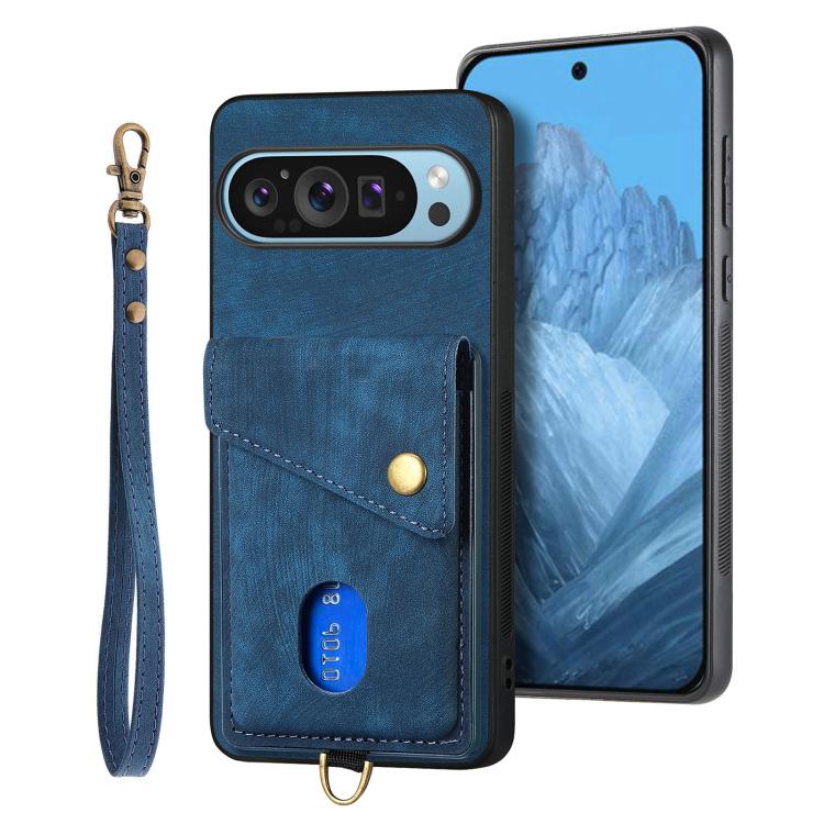 For Google Pixel 9 / 9 Pro Retro Card Wallet Fold Leather Phone Case with Strap