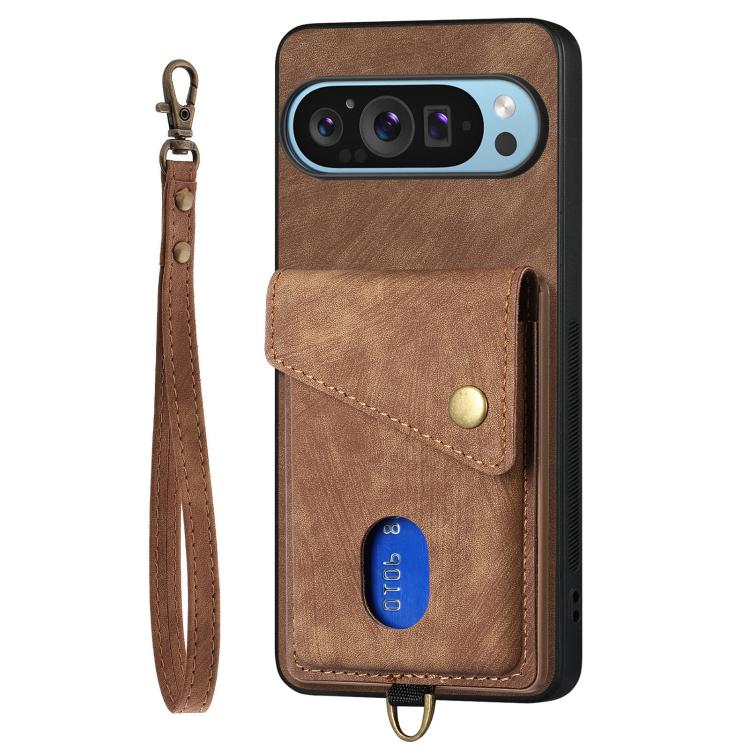 For Google Pixel 9 / 9 Pro Retro Card Wallet Fold Leather Phone Case with Strap