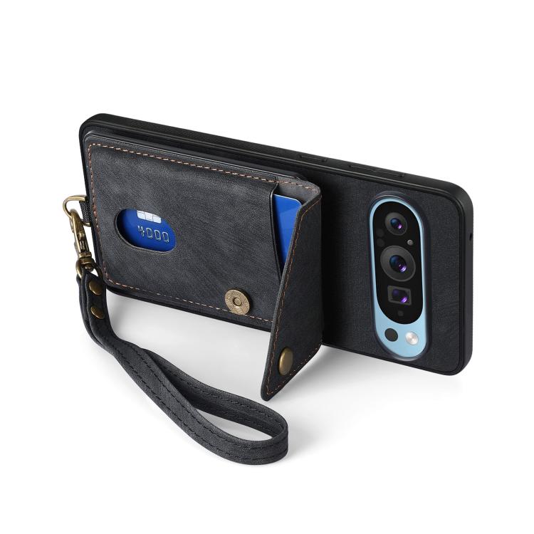 For Google Pixel 9 Pro XL Retro Card Wallet Fold Leather Phone Case with Strap