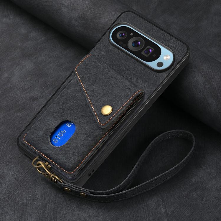 For Google Pixel 9 Pro XL Retro Card Wallet Fold Leather Phone Case with Strap