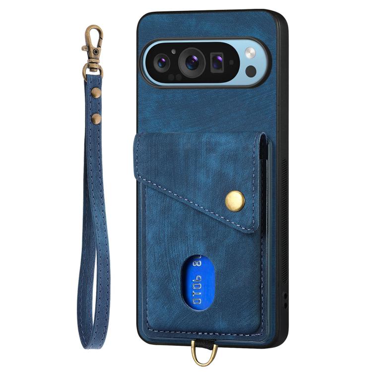 For Google Pixel 9 Pro XL Retro Card Wallet Fold Leather Phone Case with Strap