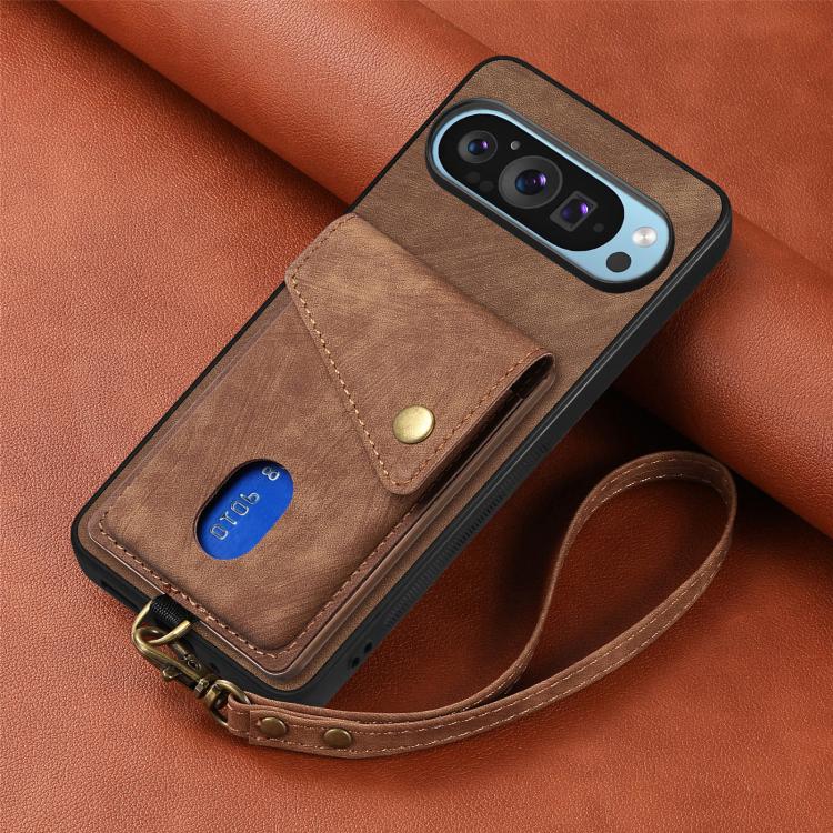 For Google Pixel 9 Pro XL Retro Card Wallet Fold Leather Phone Case with Strap
