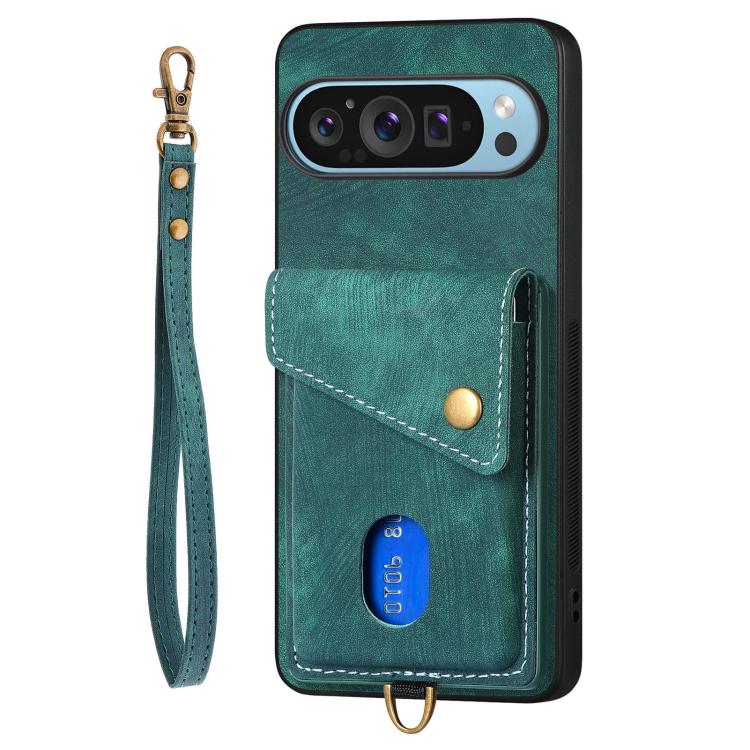 For Google Pixel 9 Pro XL Retro Card Wallet Fold Leather Phone Case with Strap