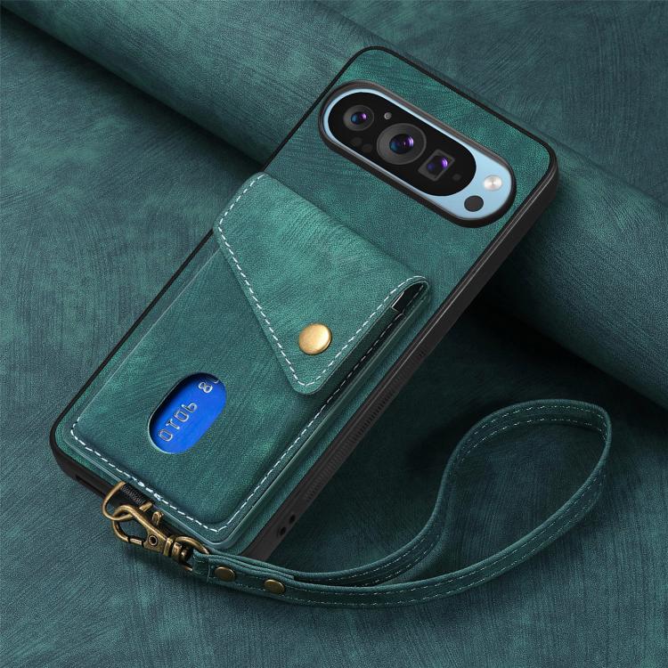 For Google Pixel 9 Pro XL Retro Card Wallet Fold Leather Phone Case with Strap