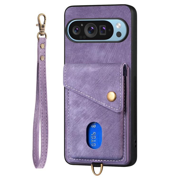 For Google Pixel 9 Pro XL Retro Card Wallet Fold Leather Phone Case with Strap