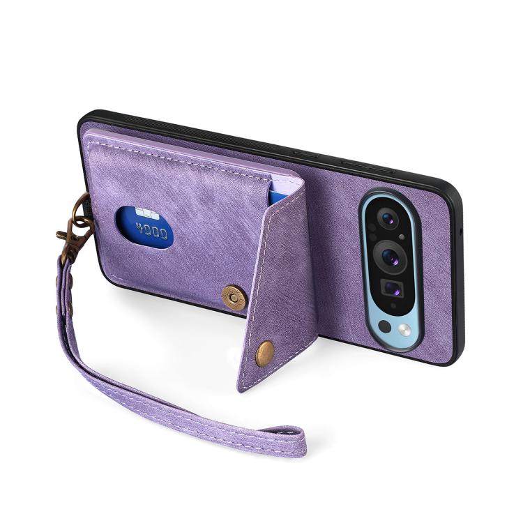 For Google Pixel 9 Pro XL Retro Card Wallet Fold Leather Phone Case with Strap