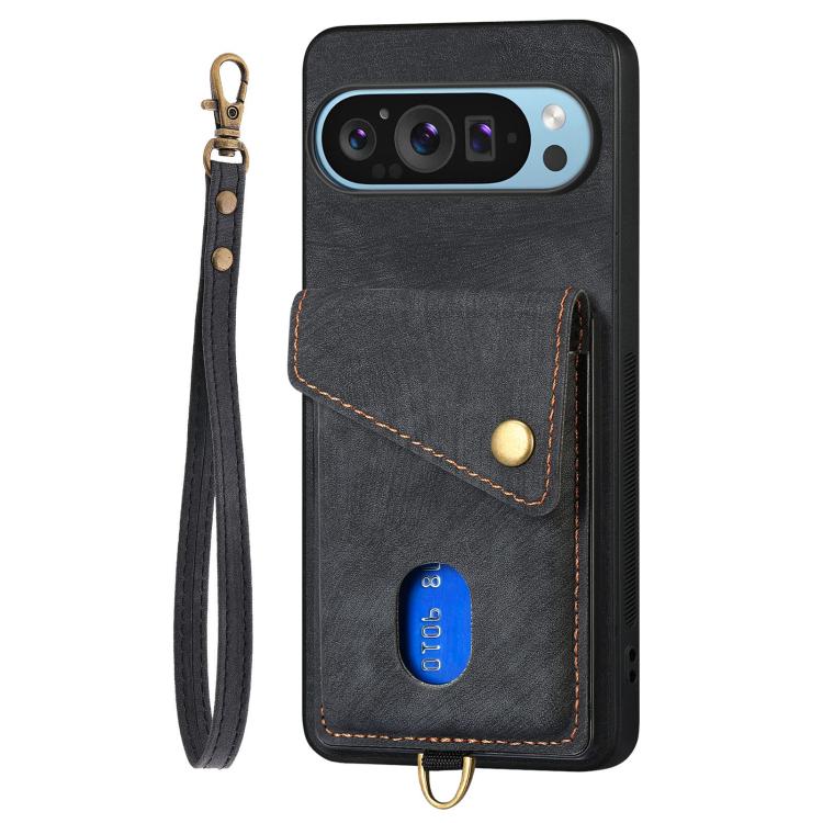 For Google Pixel 10 / 10 Pro Retro Card Wallet Fold Leather Phone Case with Strap