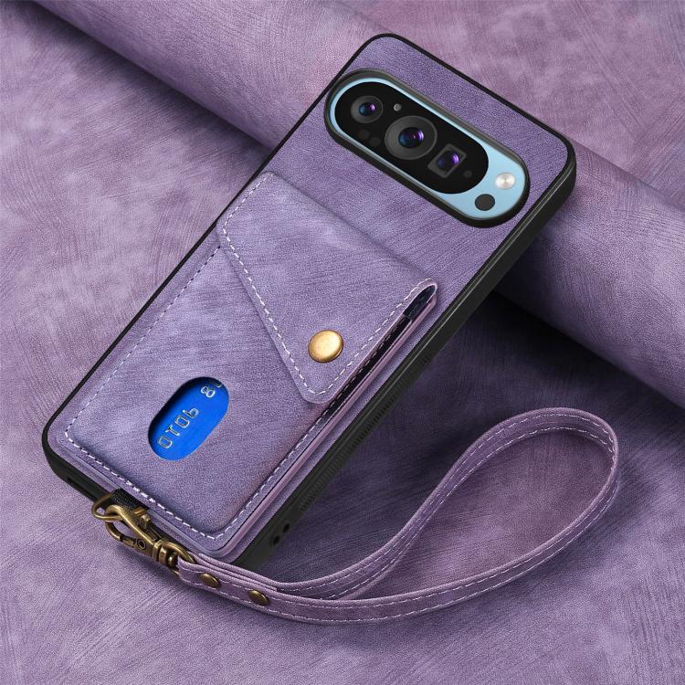 For Google Pixel 10 Pro XL Retro Card Wallet Fold Leather Phone Case with Strap