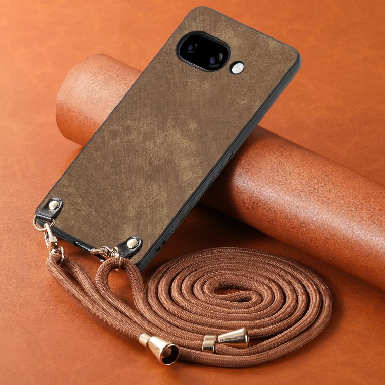 For Google Pixel 9a Vintage Leather PC Back Cover Phone Case with Crossbody Strap