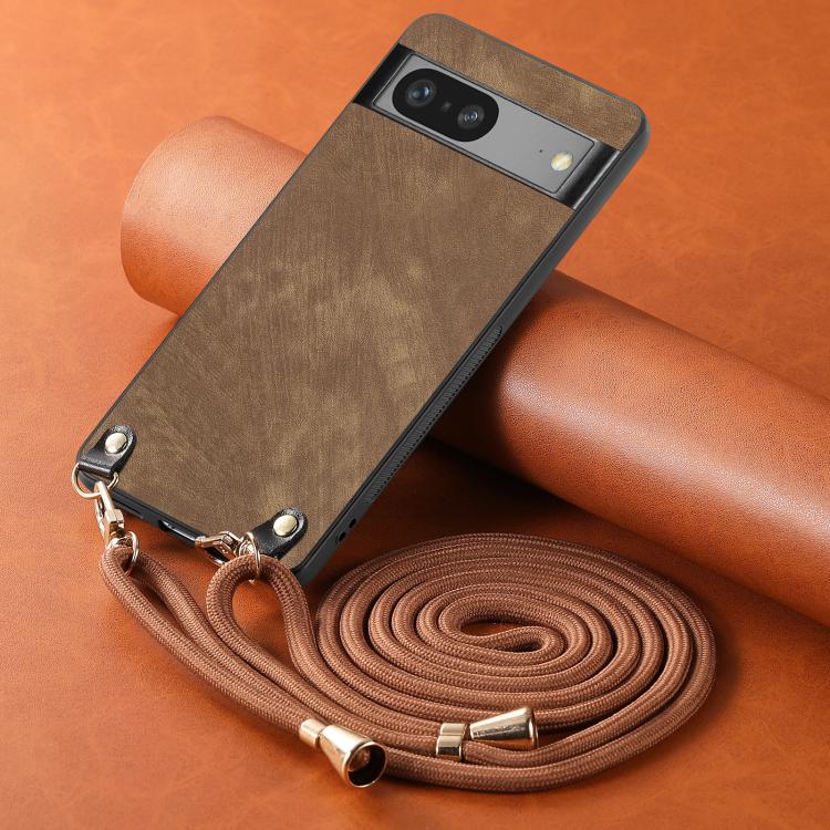 For Google Pixel 7 Vintage Leather PC Back Cover Phone Case with Crossbody Strap